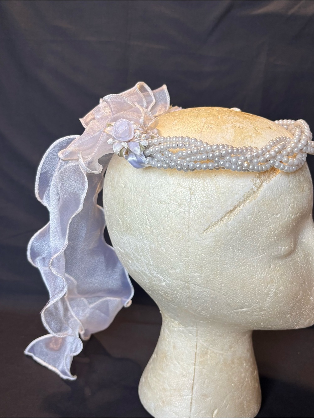 First Comunion, Wedding White Faux Pearls Braided Headband Crown w/Sheer Ribbon - Picture 4 of 7